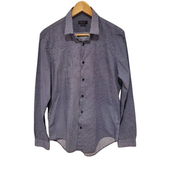 ZARA Shirt Mens Large Slim Fit Long Sleeve Blue Cotton Button Up Geometric Print - Picture 1 of 9